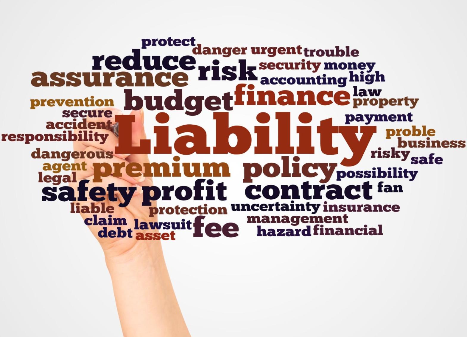 Liability insurance word cloud with keywords such as policy, premium, and risks, drawn by hand with a marker on a white background