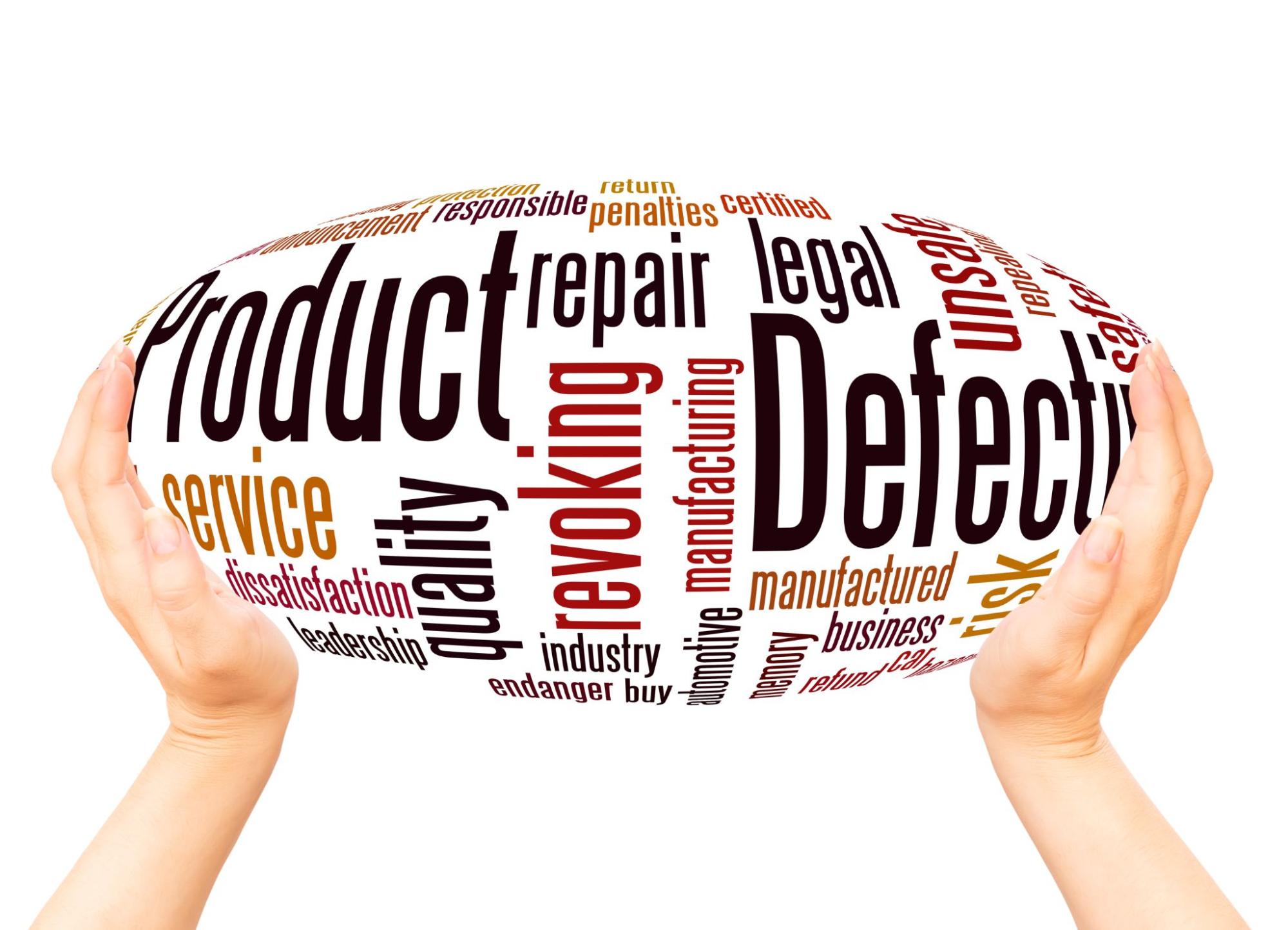 Word sphere held between hands featuring terms such as defective, repair, product, legal, and related product liability keywords on a white background