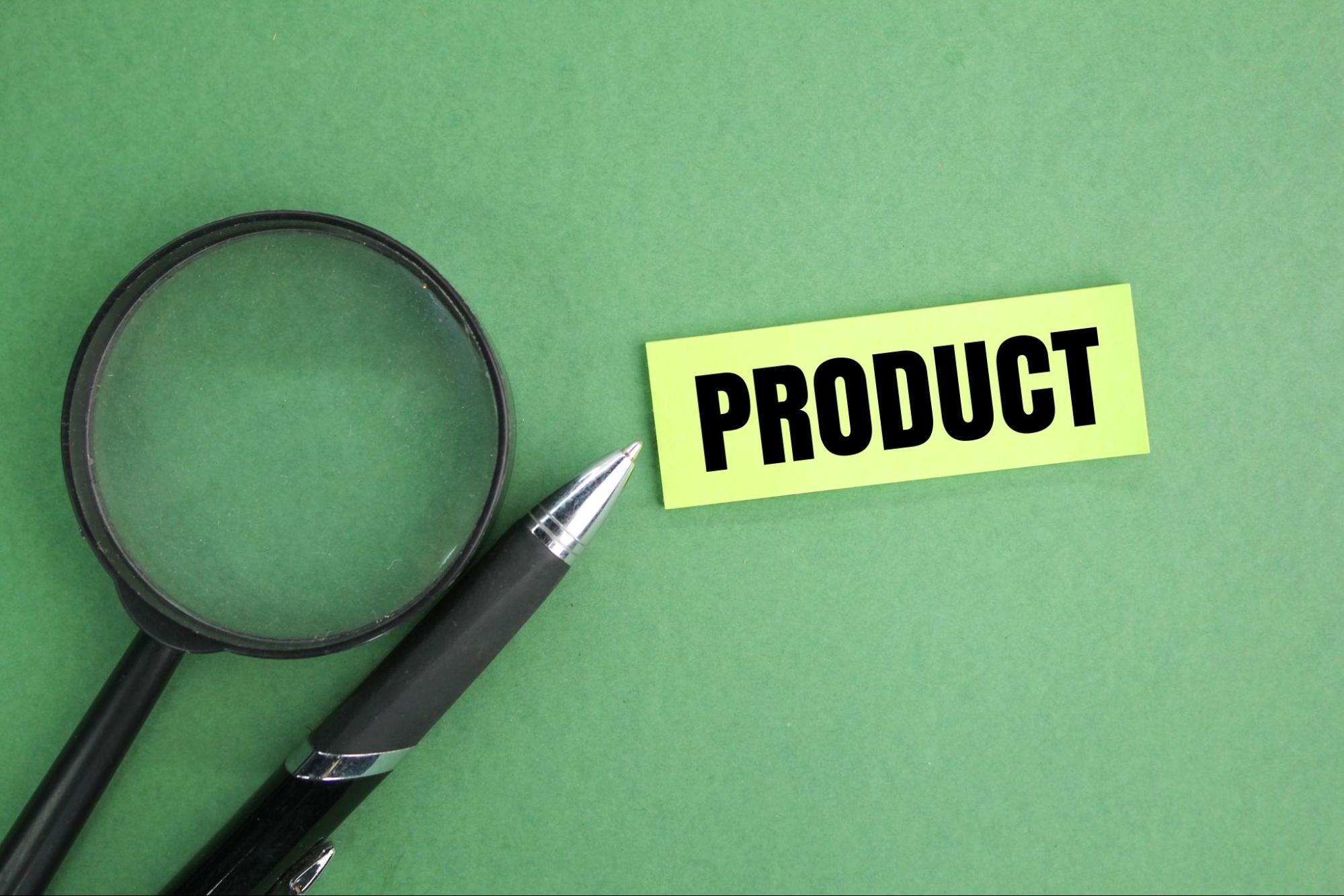 Yellow sticky note labeled "Product" with a magnifying glass and pen